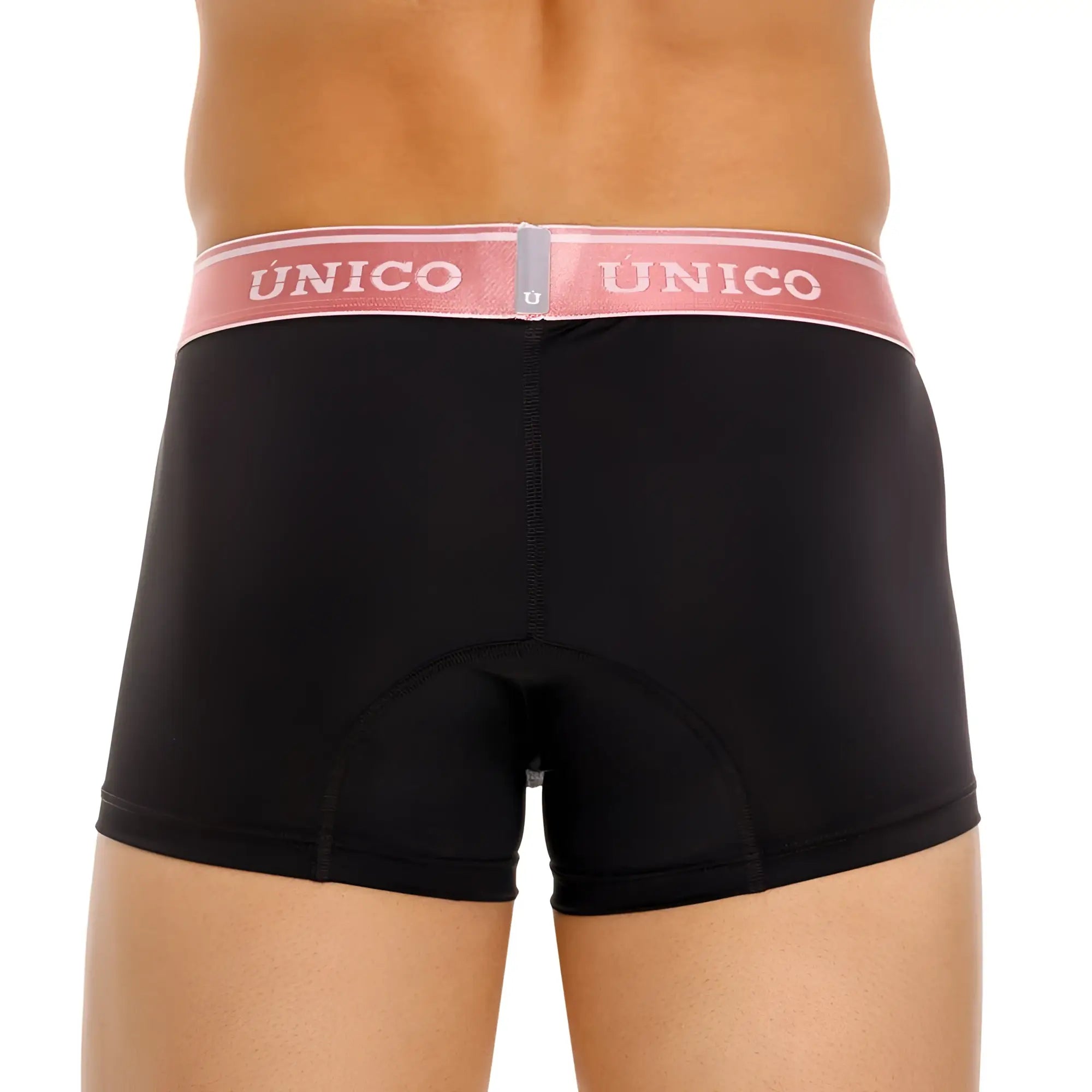 Black unico boxer briefs with a pink waistband featuring the brand name in white lettering model oro rosa trunks 99-black