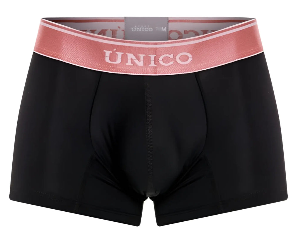 Black unico men’s boxer briefs with pink elastic waistband and white unico branding in oro rosa trunks color 99-black