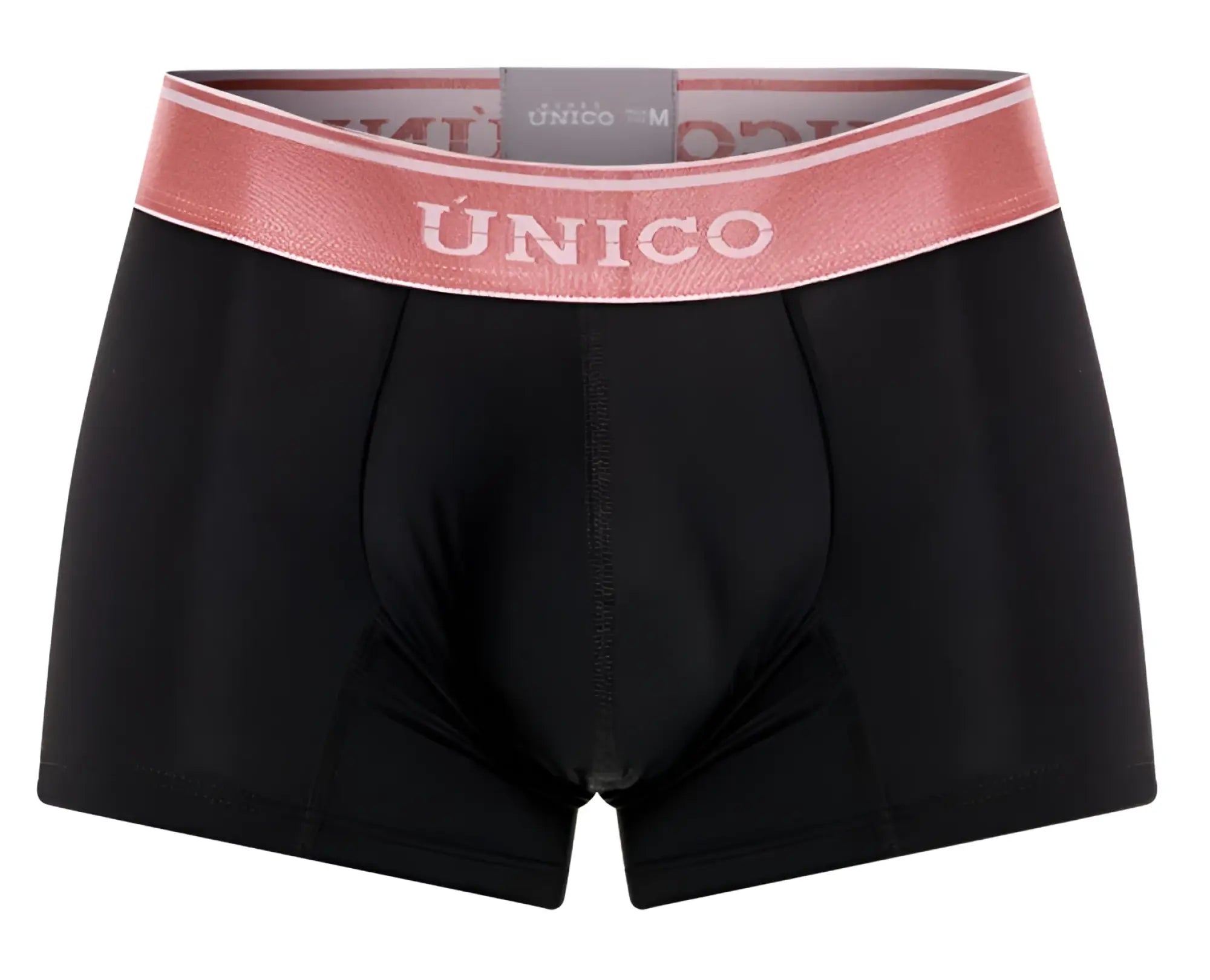Black unico men’s boxer briefs with pink elastic waistband and white unico branding in oro rosa trunks color 99-black
