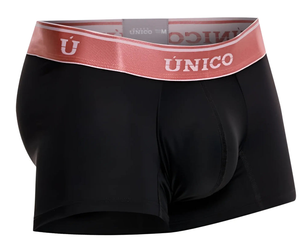 Black unico men’s boxer briefs with a pink waistband featuring the brand name in white lettering color 99-black