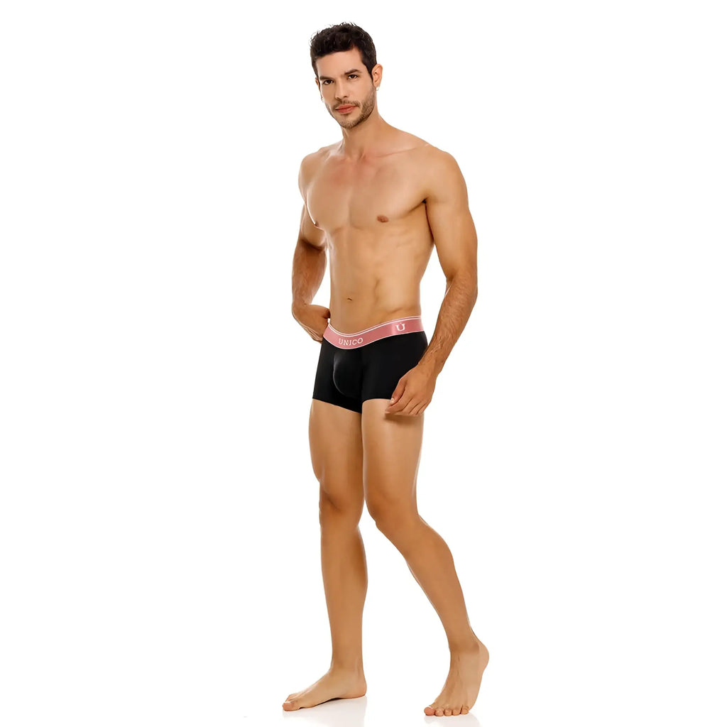 Black dunco briefs with pink waistband featuring white brand name unisex comfortable trunks oro rosa color 99-black