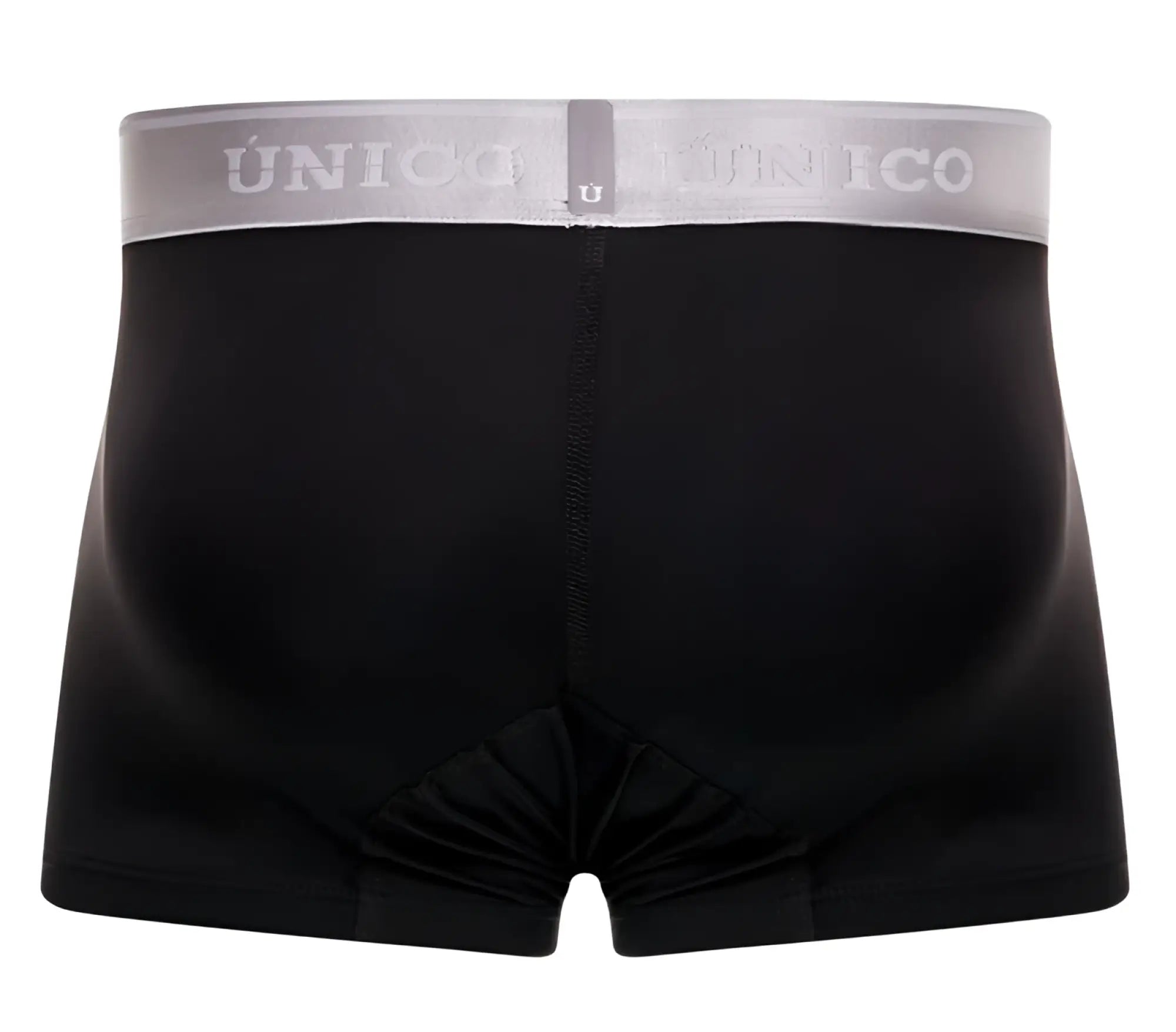 Black unico boxer briefs with gray waistband branded with unico in white lettering model 24110100109 argento trunks