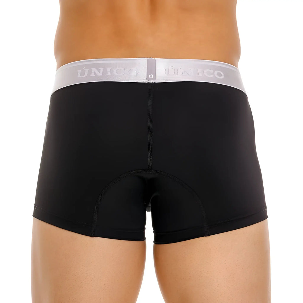 Black unico 24110100109 argento trunks with white elastic waistband and gray brand lettering in color 99-black boxer briefs