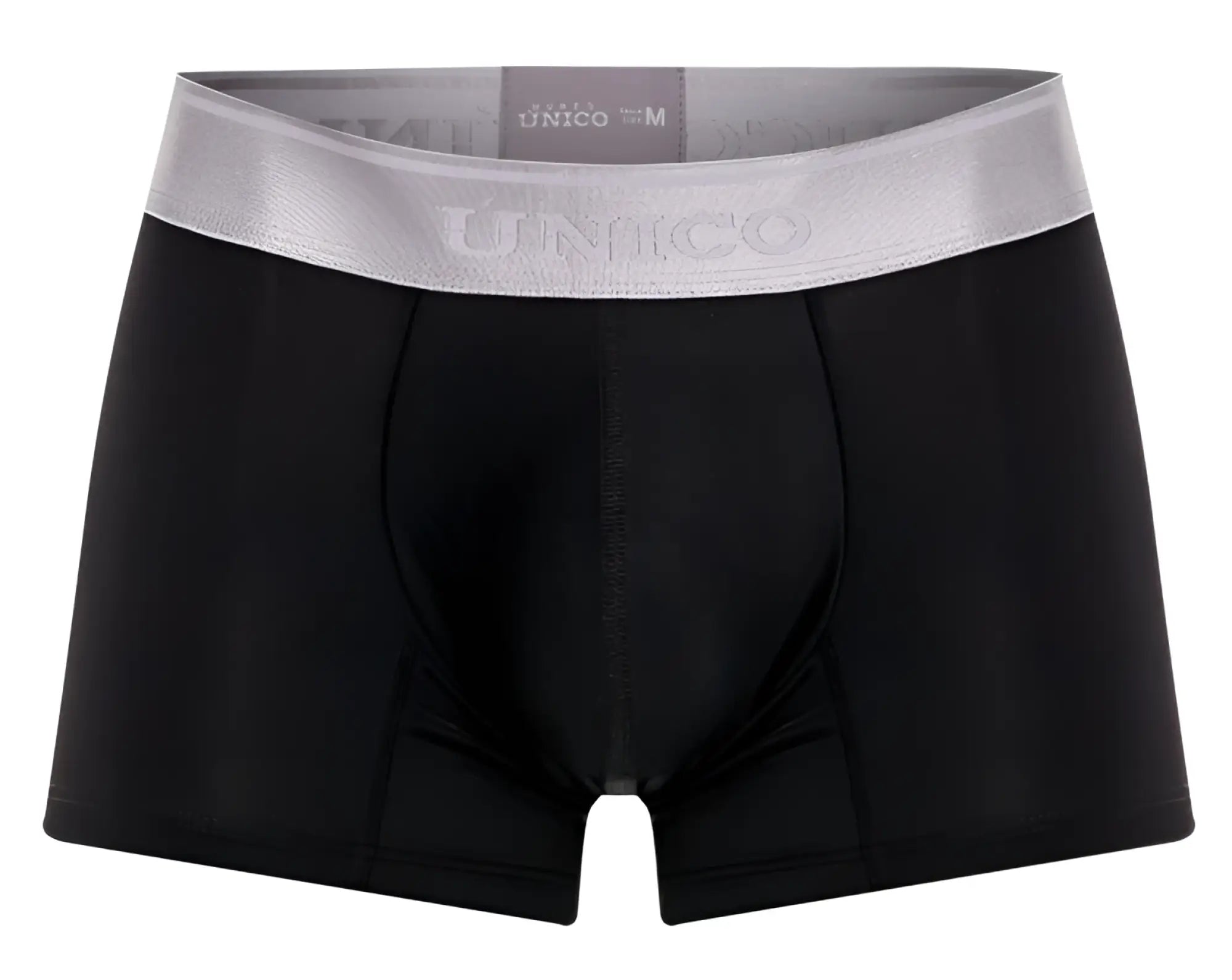 Black unico men’s boxer briefs with silver waistband featuring brand name designed for comfort and style