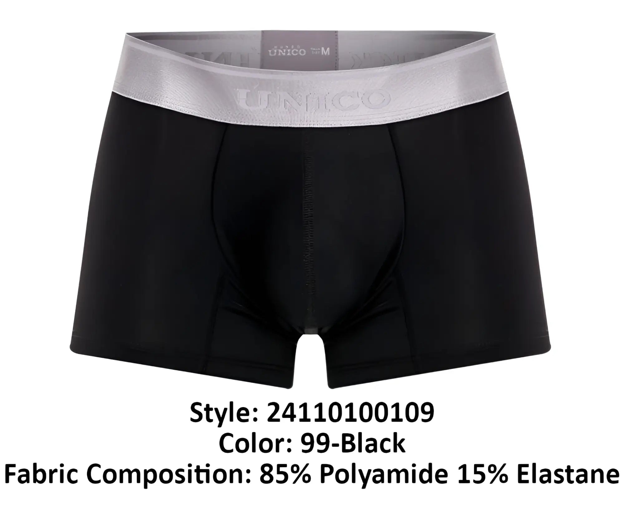 Black unico 24110100109 argento men’s boxer briefs with silver waistband made of soft stretch fabric