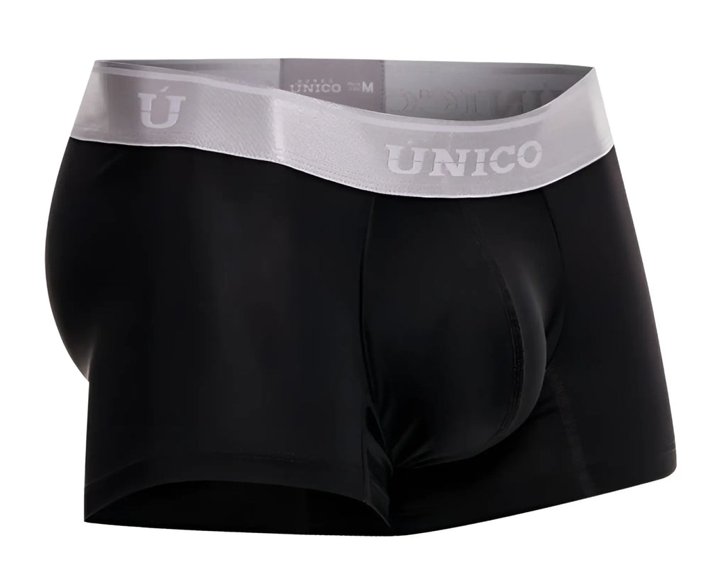 Black unico men’s briefs with gray waistband featuring the brand logo from unico 24110100109 argento trunks color 99-black