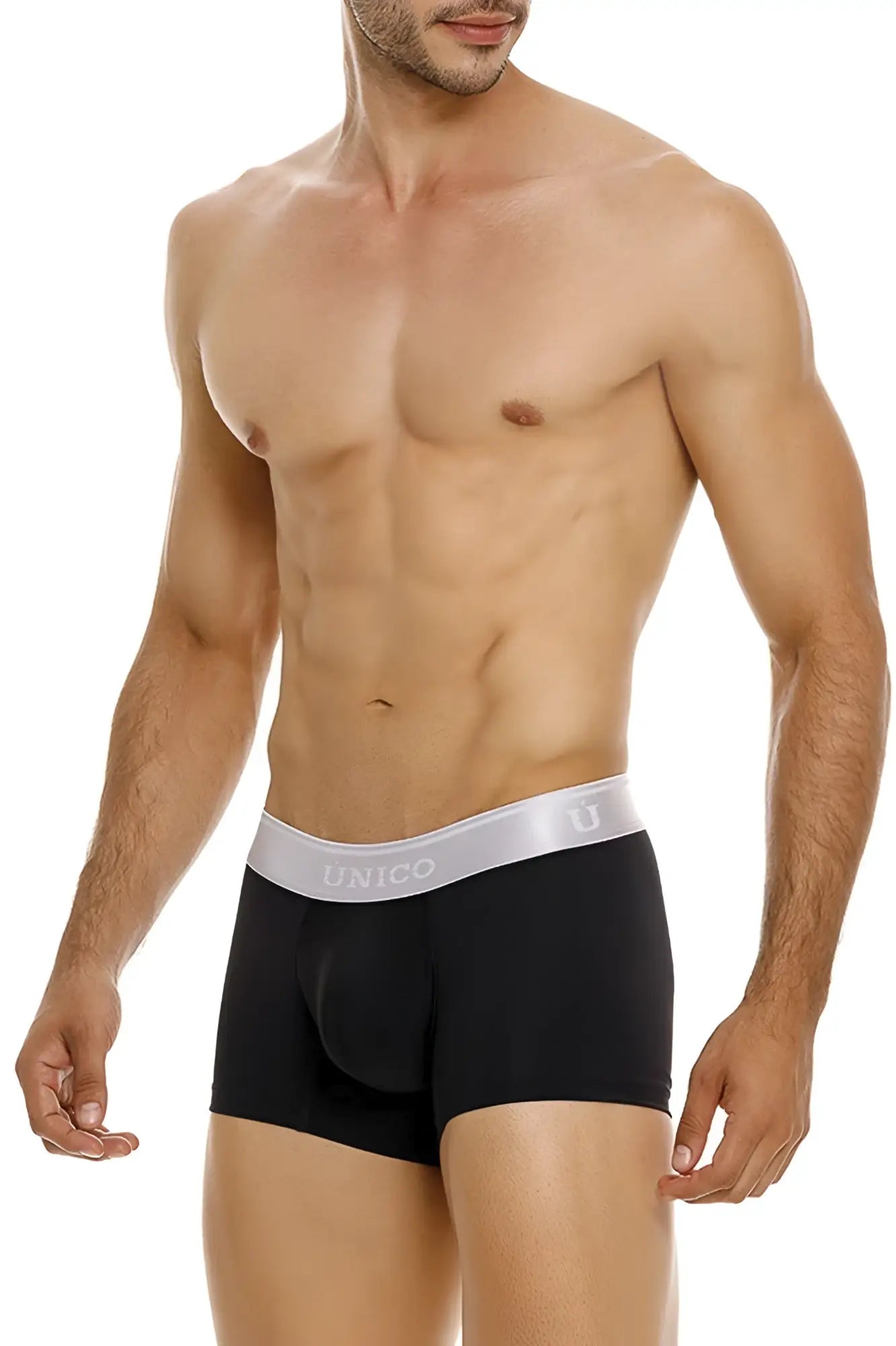 Black unico men’s briefs with silver waistband featuring brand name and logo argento trunks color 99-black