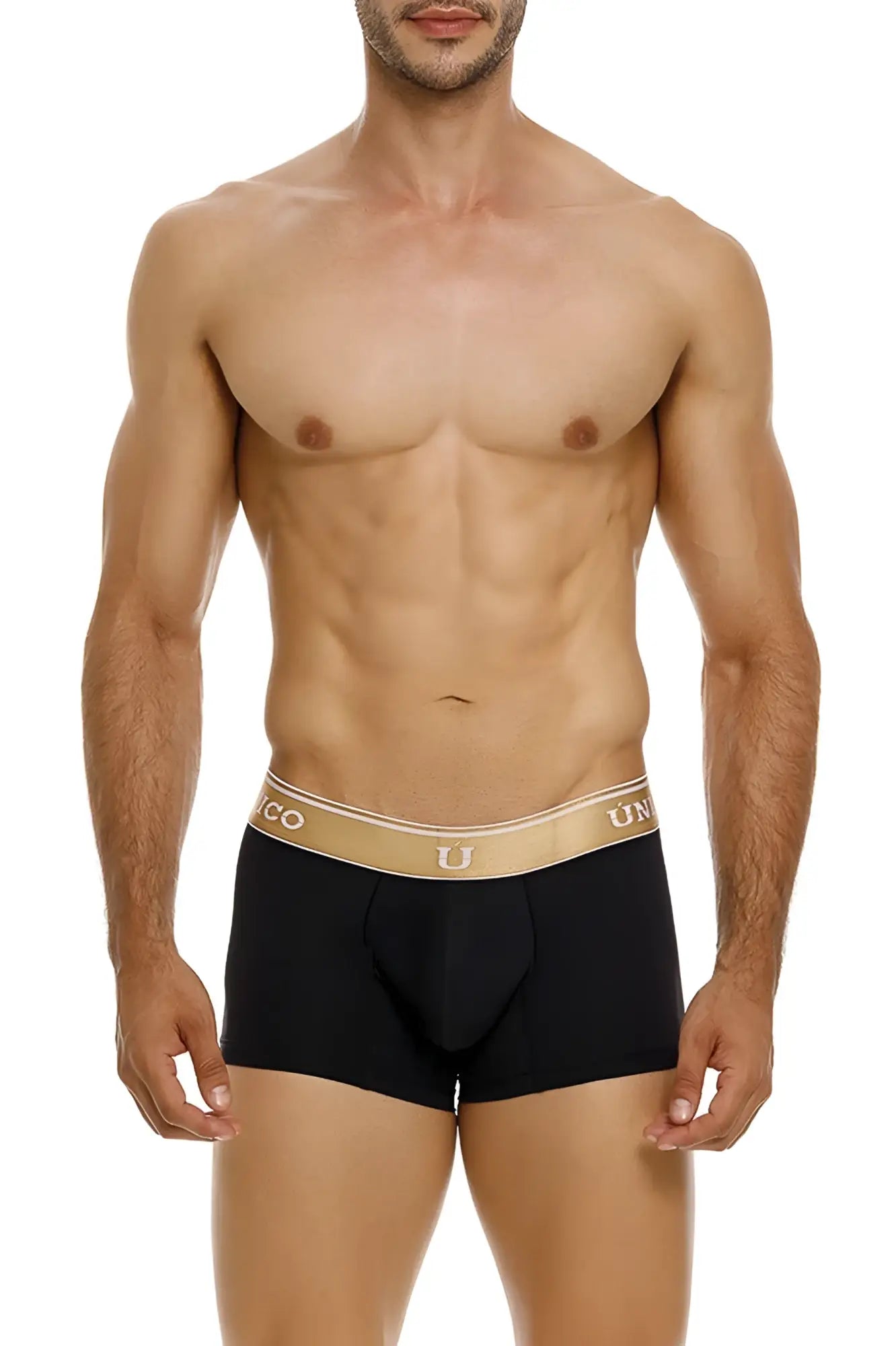 Black Unico 24110100110 Lingote trunks with gold waistband featuring Unico brand logo in black briefs design