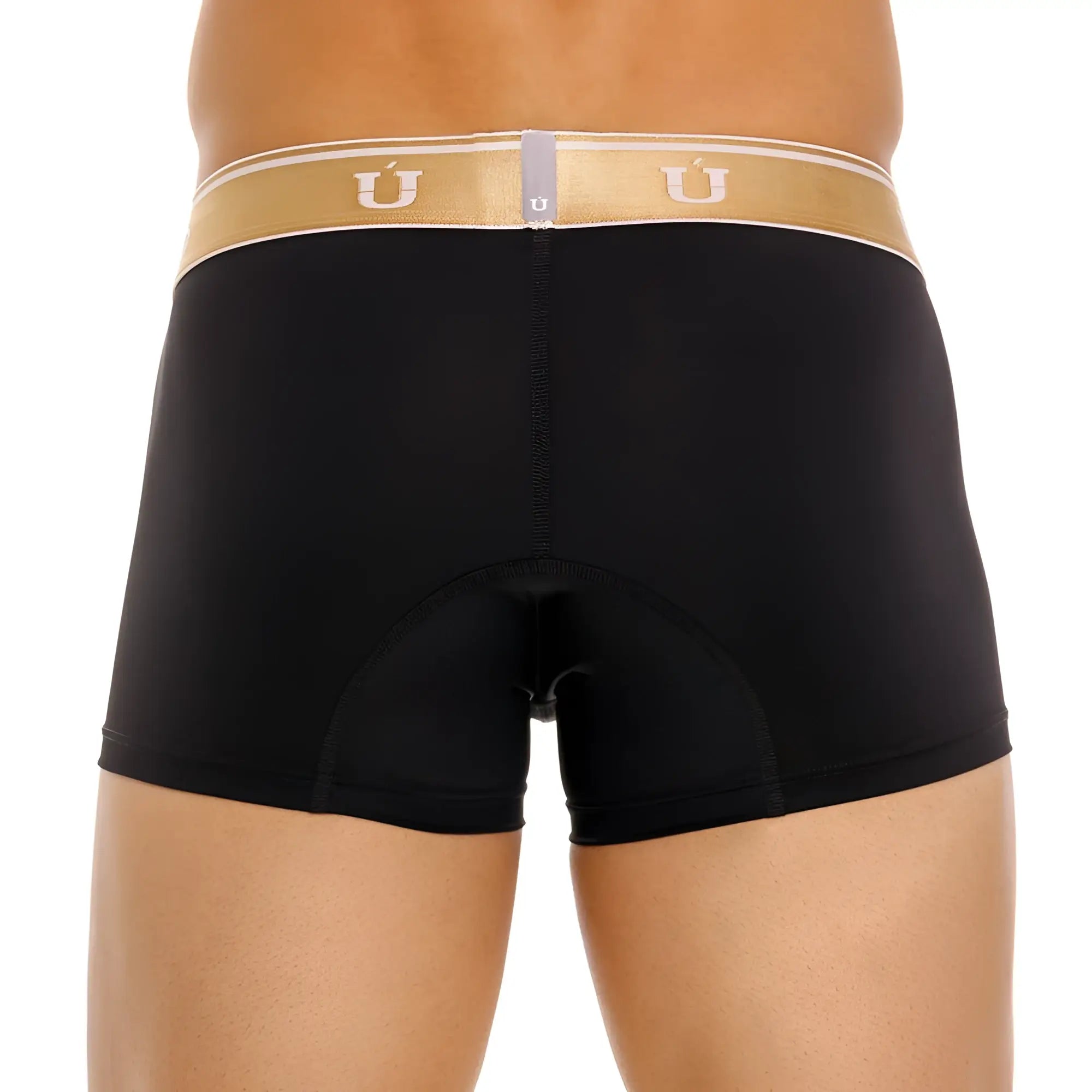 Black Unico 24110100110 Lingote trunks briefs with gold and white waistband featuring u logo in front view