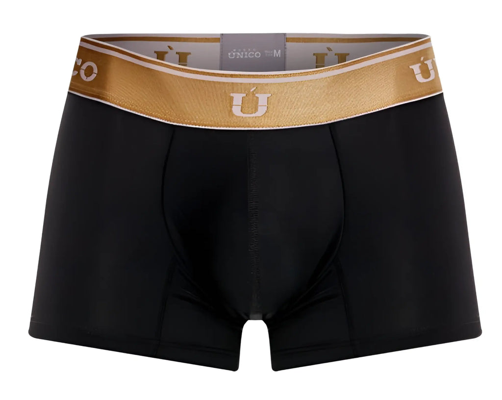 Black unico men’s boxer briefs with gold waistband and brand logo in lingote trunks color 99-black