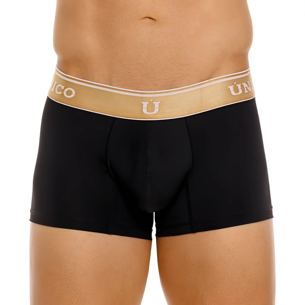 Black men’s boxer briefs unico 24110100110 lingote trunks with gold waistband and white unico logo in black color