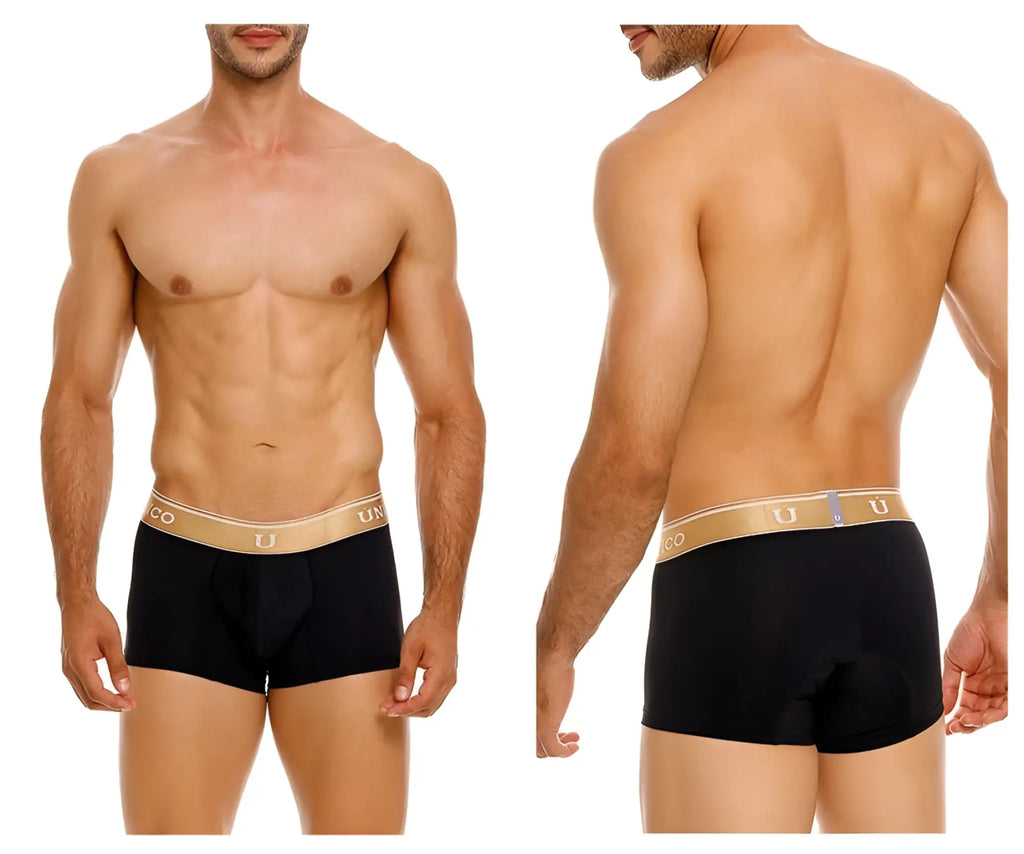 Black men’s briefs with a gold elastic waistband featuring the unico logo in color 99 black model 24110100110