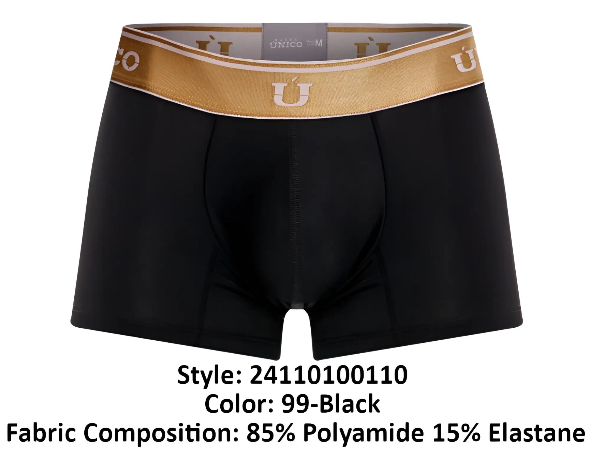 Unico 24110100110 lingote black men’s briefs with gold white u logo waistband made of 85 polyamide 15 elastane