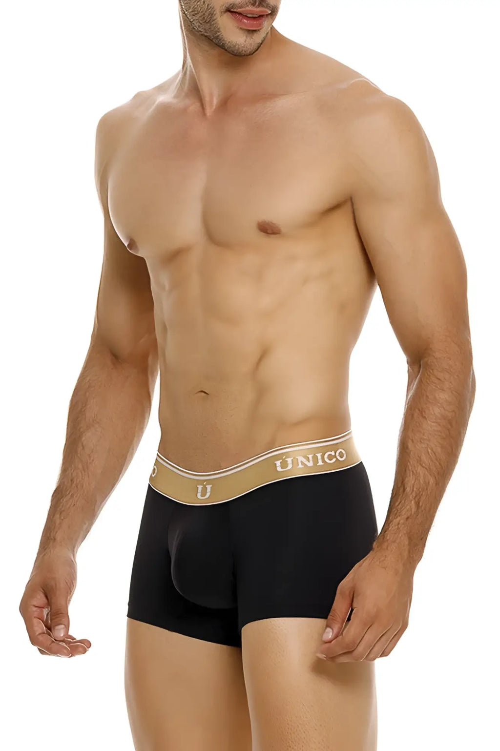 Black unico 24110100110 lingote trunks with tan waistband and gold único branding in a sleek briefs design