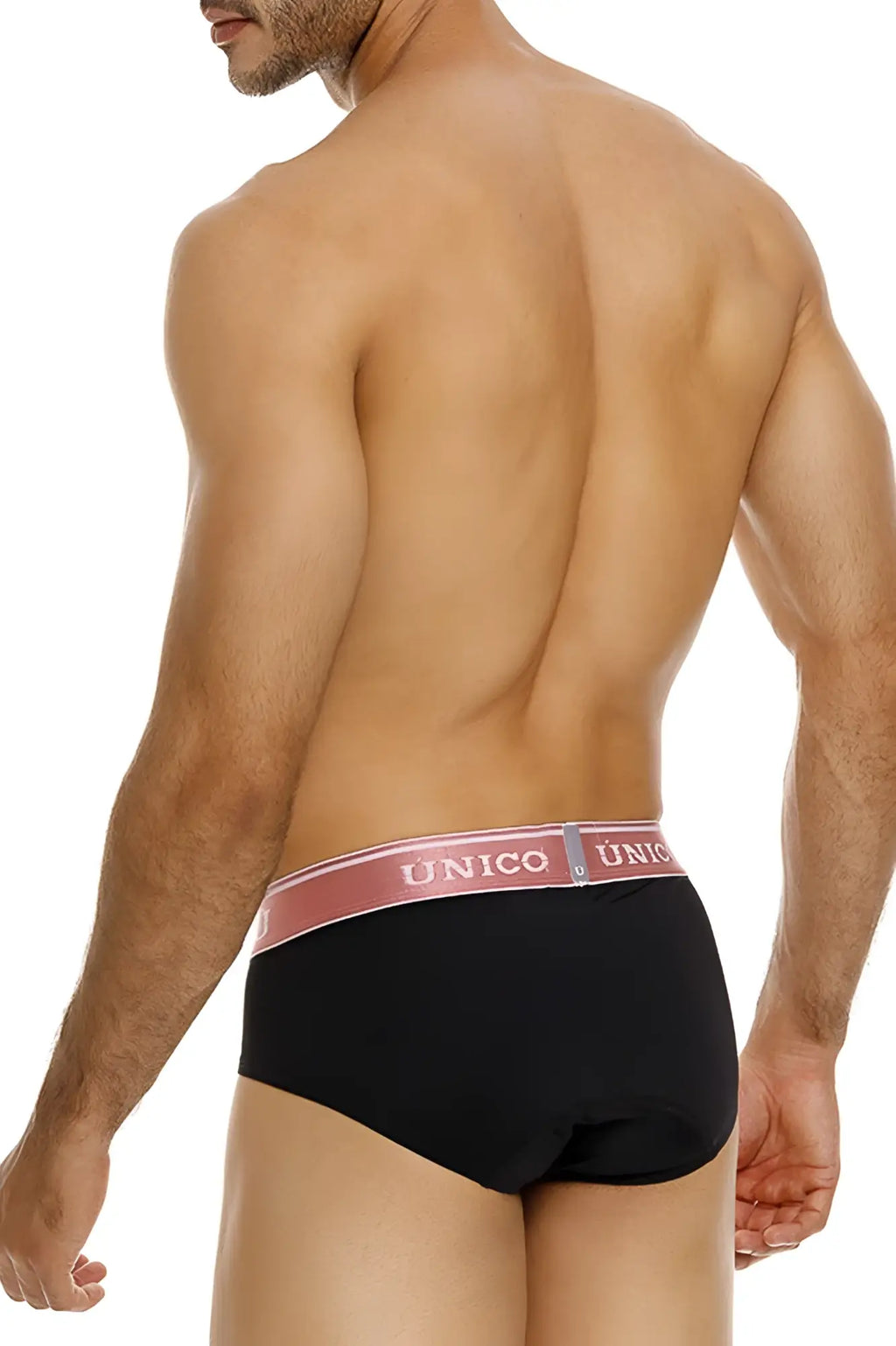 Black unico 24110101108 oro rosa men’s briefs with a pink waistband and white brand name lettering