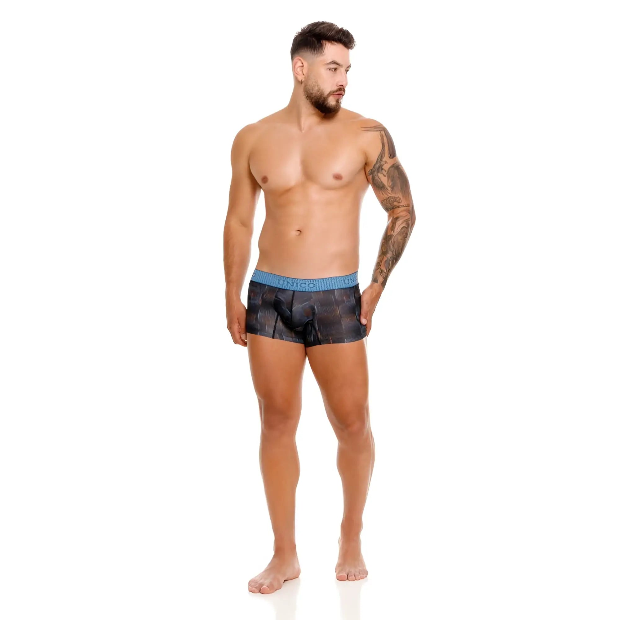 Unico 25020100102 Epitome trunks blue and black patterned boxer briefs with solid blue waistband