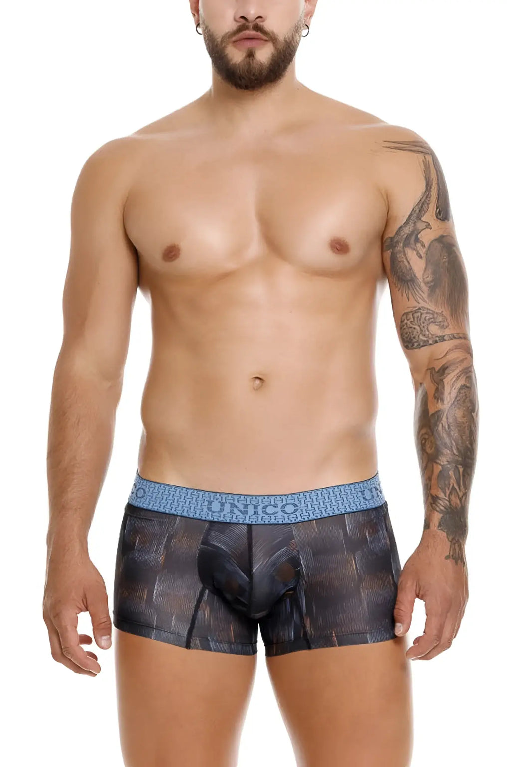 Unico epitome trunks color 99-black men’s boxer briefs with blue and black geometric textured pattern