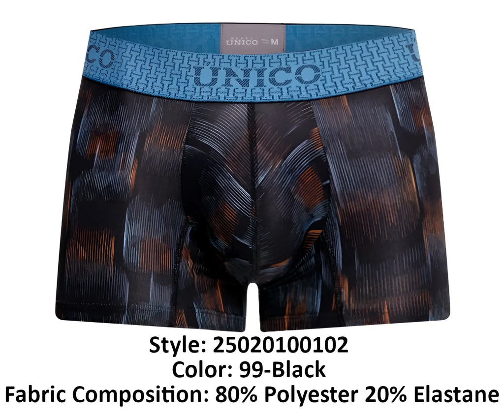 Black unico 25020100102 epitome trunks with textured brown gray pattern and blue branded waistband