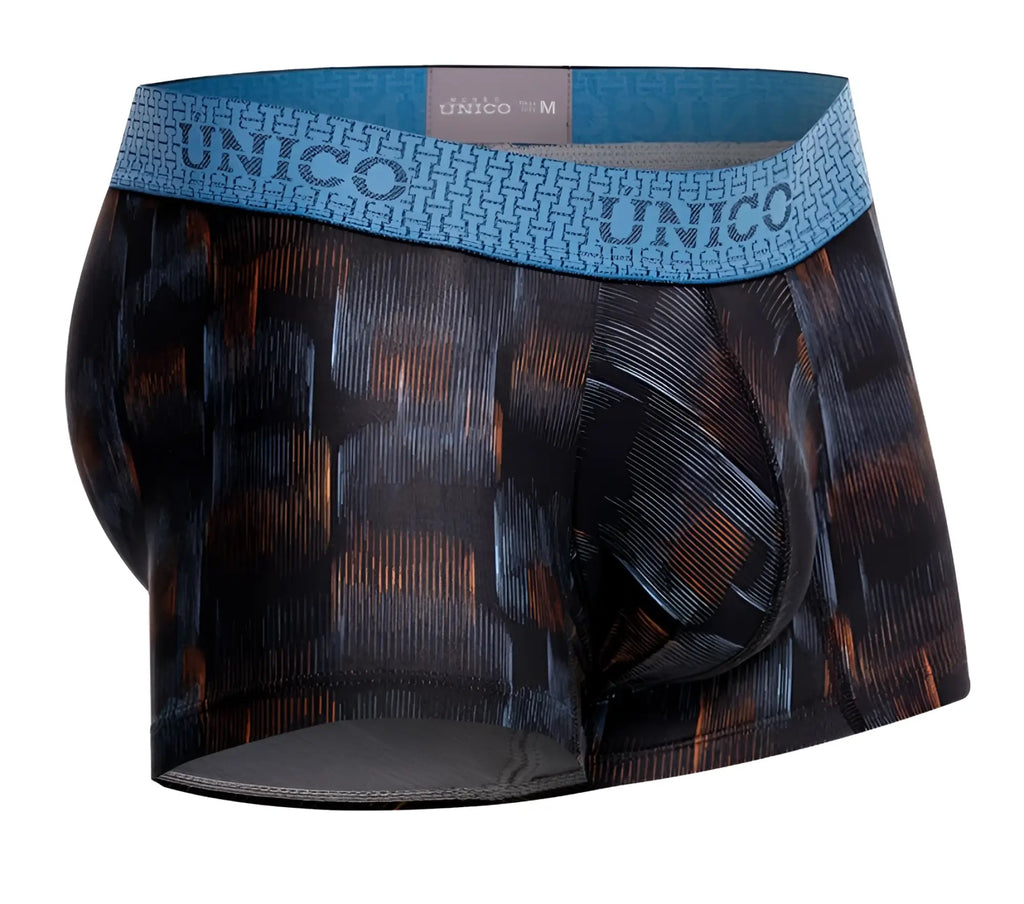 Men’s unico 25020100102 epitome trunks boxer briefs in black with dark geometric pattern and light blue waistband