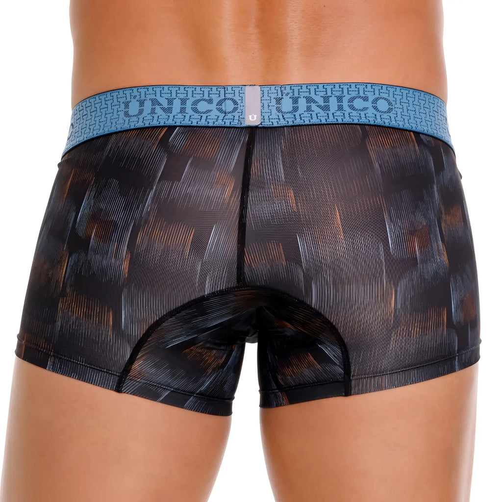 Unico 25020100102 epitome trunks black boxer briefs with orange abstract pattern and blue unico waistband