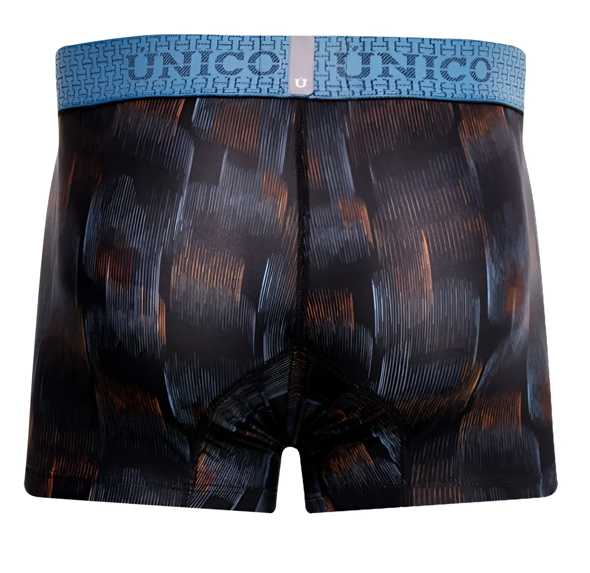 Black and orange patterned unico 25020100102 epitome trunks men’s boxer briefs with blue waistband and brand name