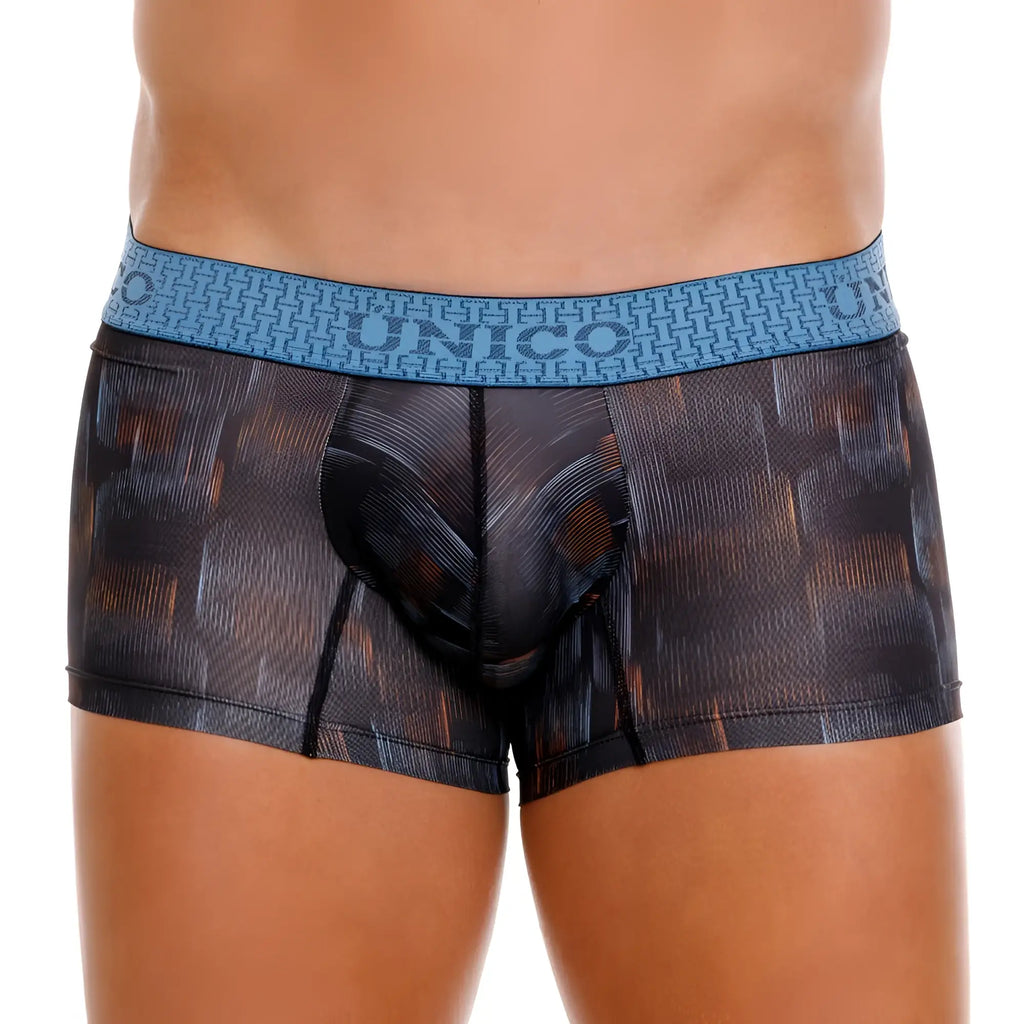 Unico 25020100102 epitome trunks men’s black and orange patterned boxer briefs with blue woven waistband