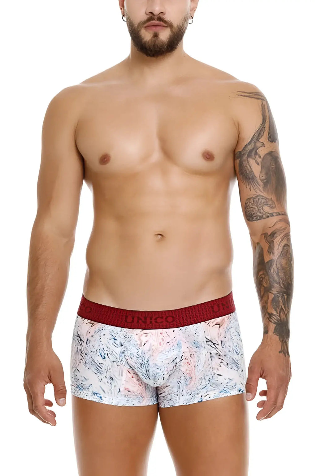 White boxer briefs unico 25020100103 rizo trunks with pink and blue abstract pattern and red waistband