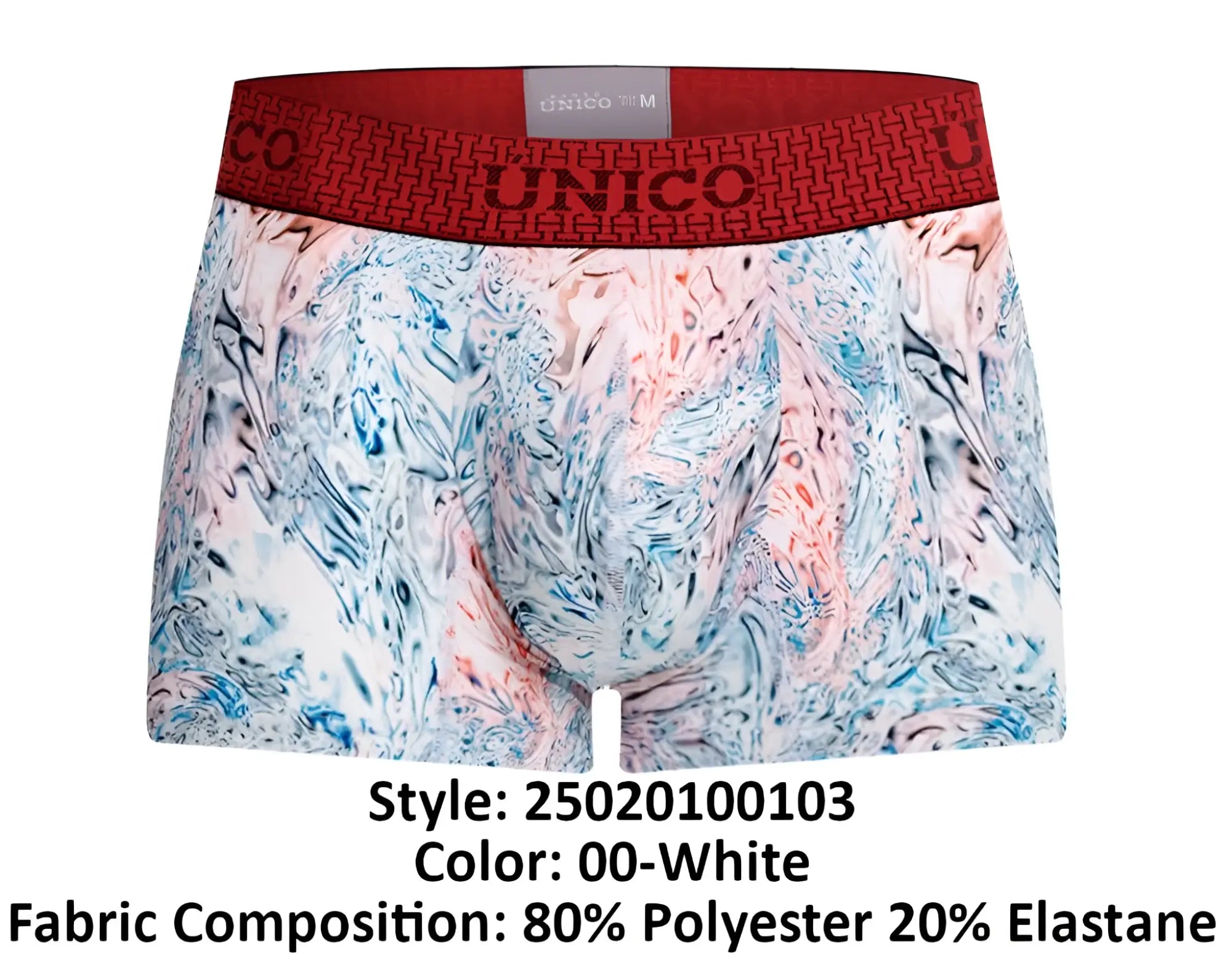 White boxer briefs with blue pink gray marbled front and red elastic waistband branded unico 25020100103 rizo trunks