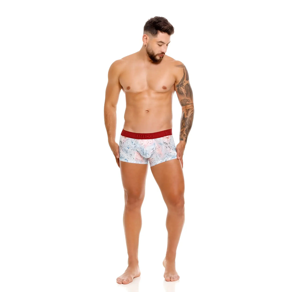 Unico 25020100103 Rizo trunks mens boxer briefs with white base light pink and blue floral pattern and red waistband