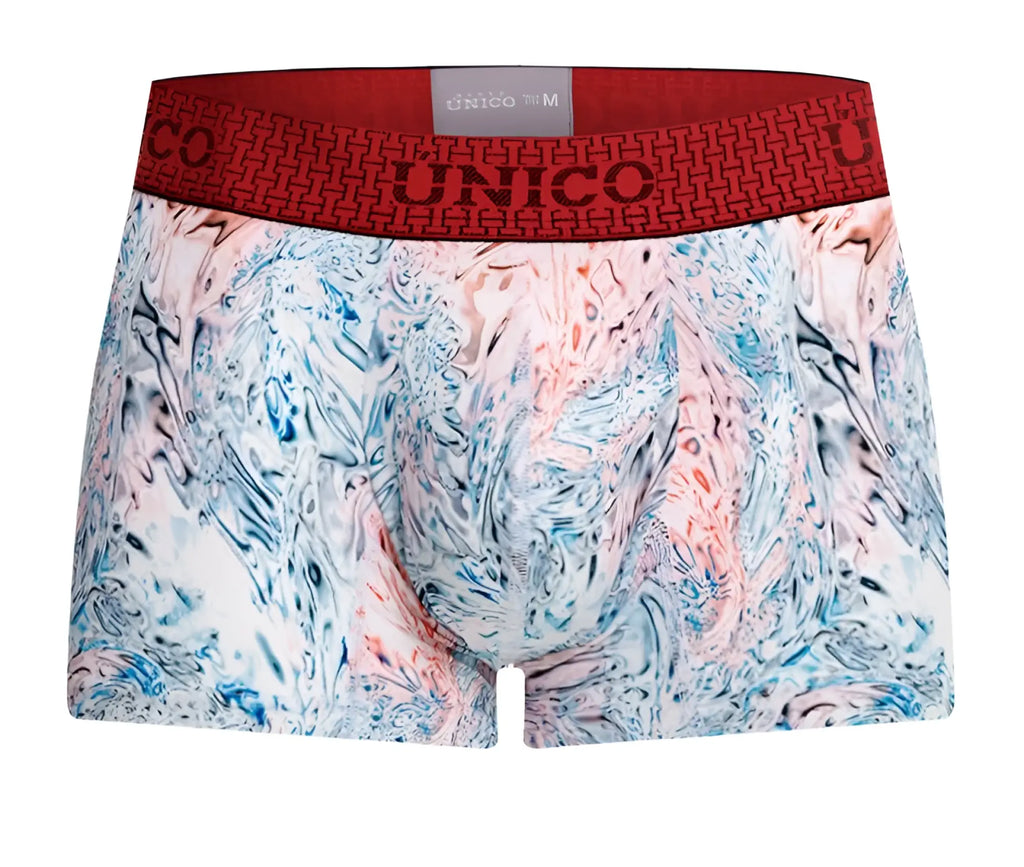 Unico 25020100103 rizo trunks mens boxer briefs with vibrant blue pink white marble pattern and branded soft fabric waistband