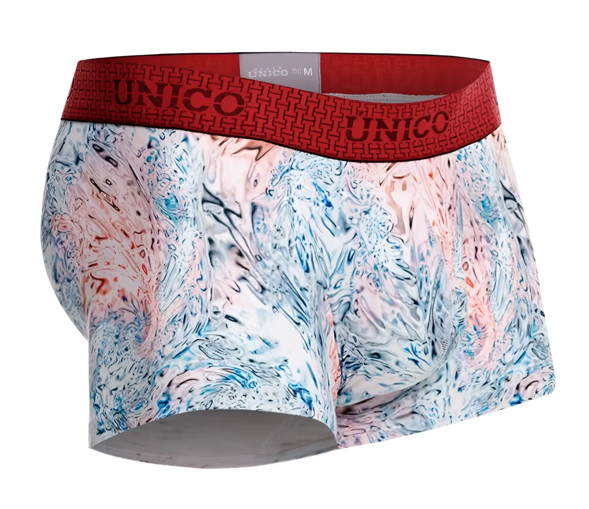 Unico 25020100103 Rizo trunks men’s boxer briefs with blue pink white marbled pattern and red waistband on soft fabric