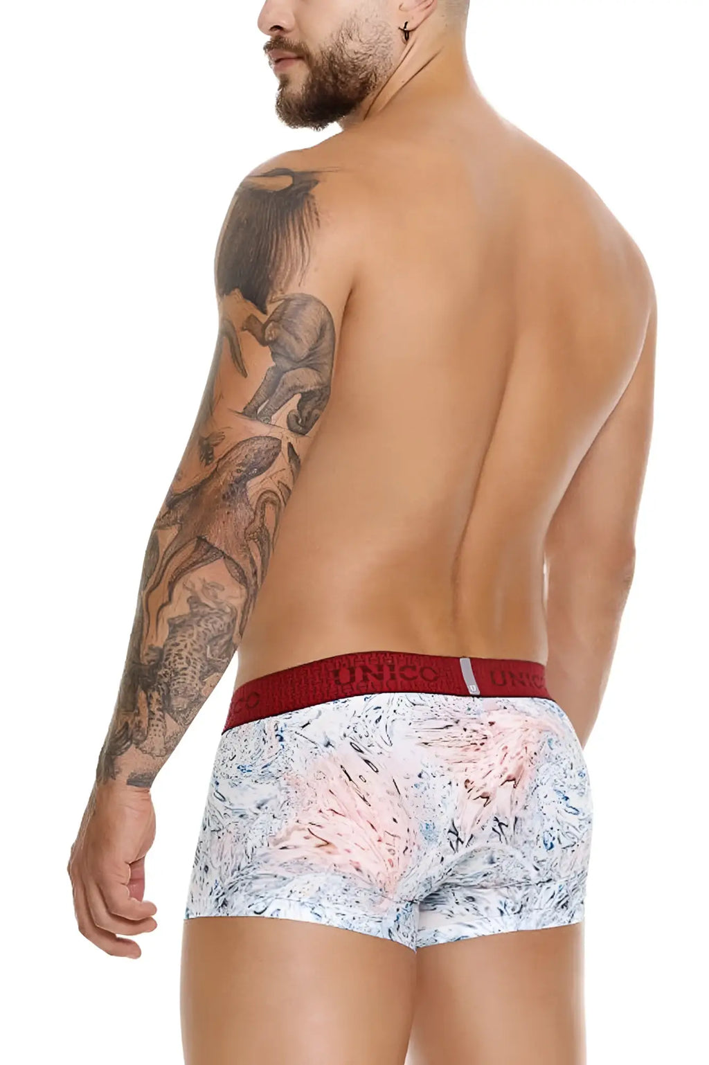 White and pink abstract patterned unico 25020100103 rizo trunks boxer briefs with red elastic waistband
