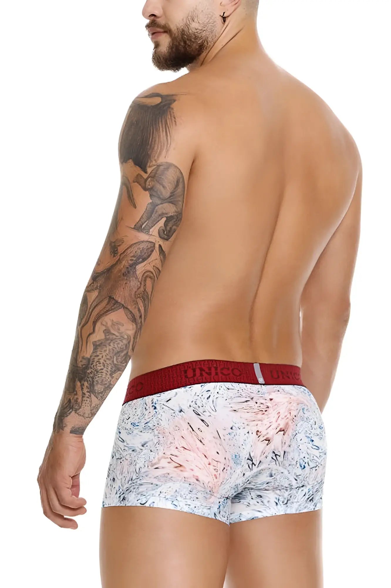 White and pink abstract patterned unico 25020100103 rizo trunks boxer briefs with red elastic waistband