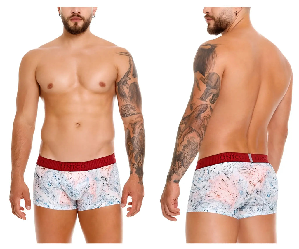 Unico 25020100103 Rizo trunks white briefs with pink abstract pattern and red elastic waistband featuring unico brand