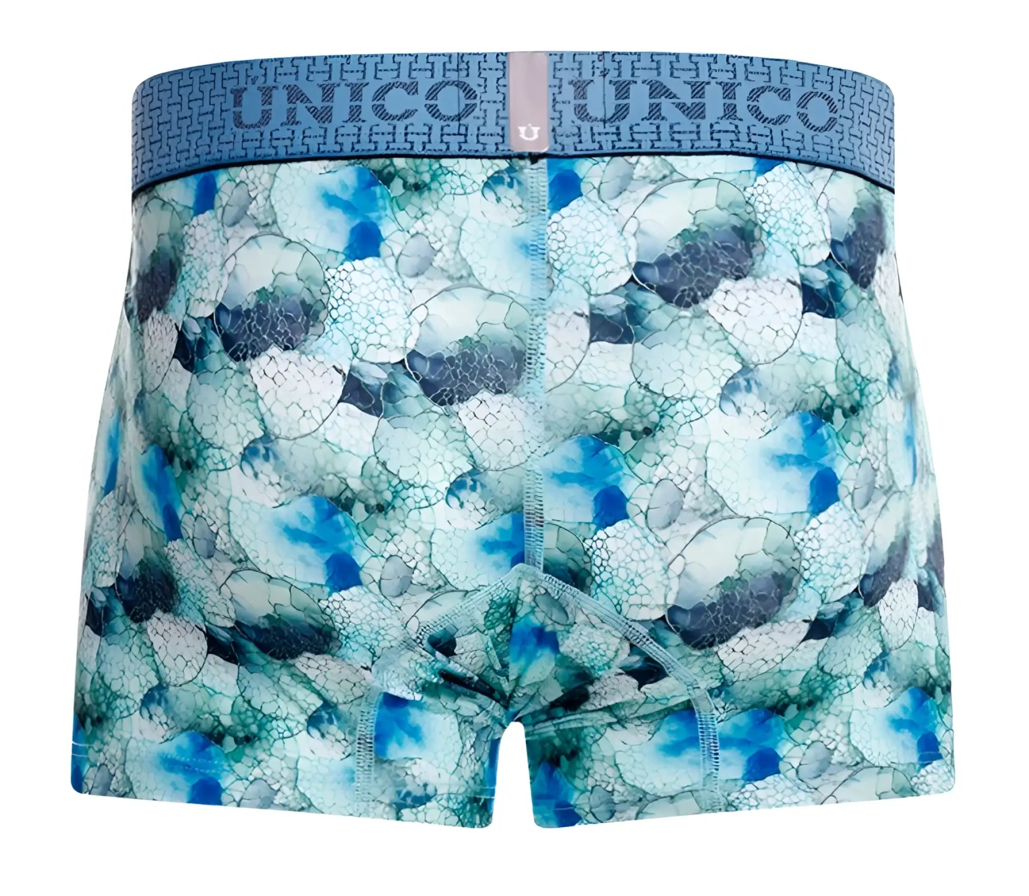 Blue and teal abstract bubble-patterned men’s boxer briefs with unico logo waistband from unico 25020100104 abalon trunks