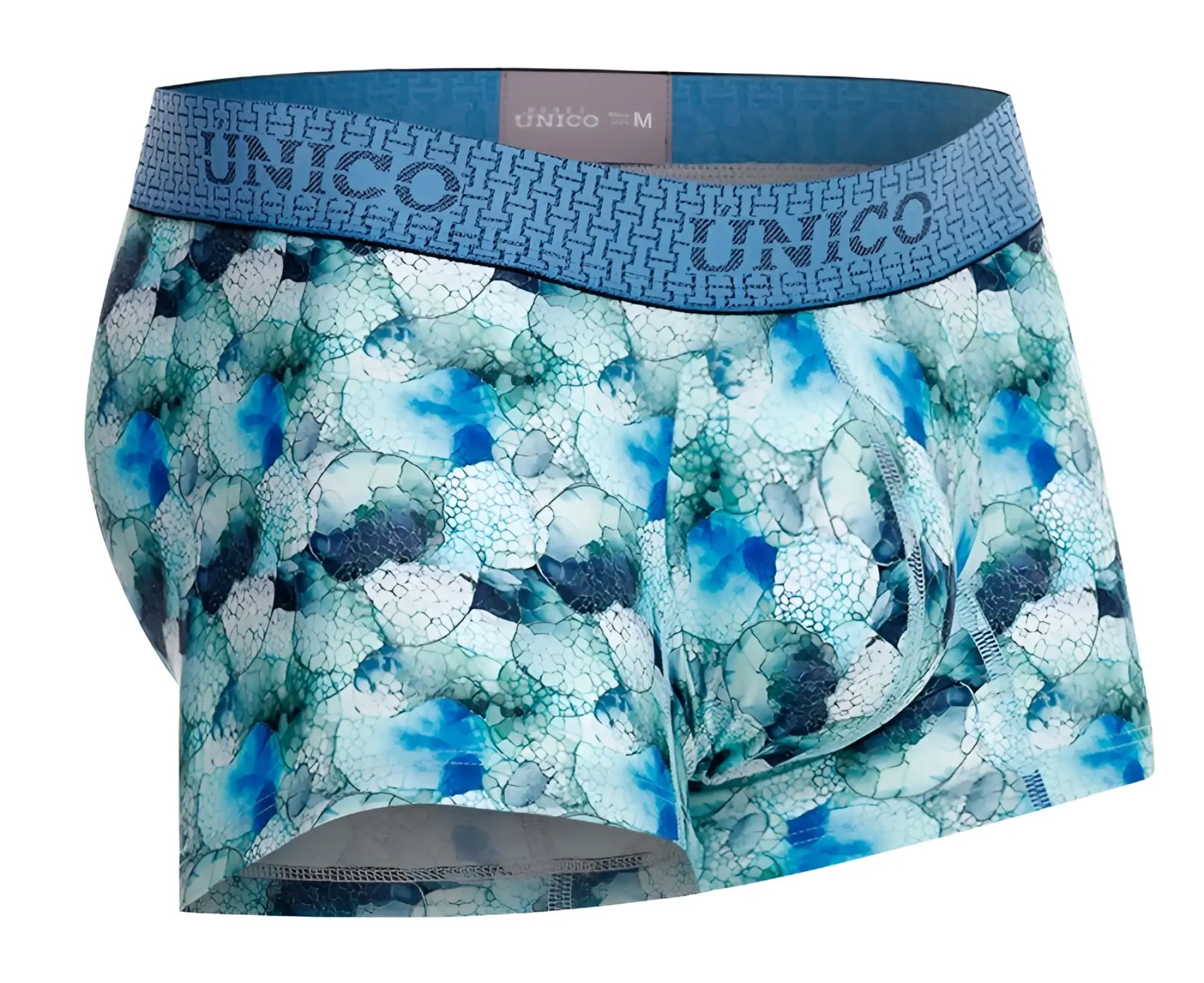 Blue and teal patterned unico men’s boxer briefs with geometric waistband in abalon trunks color 43-blue