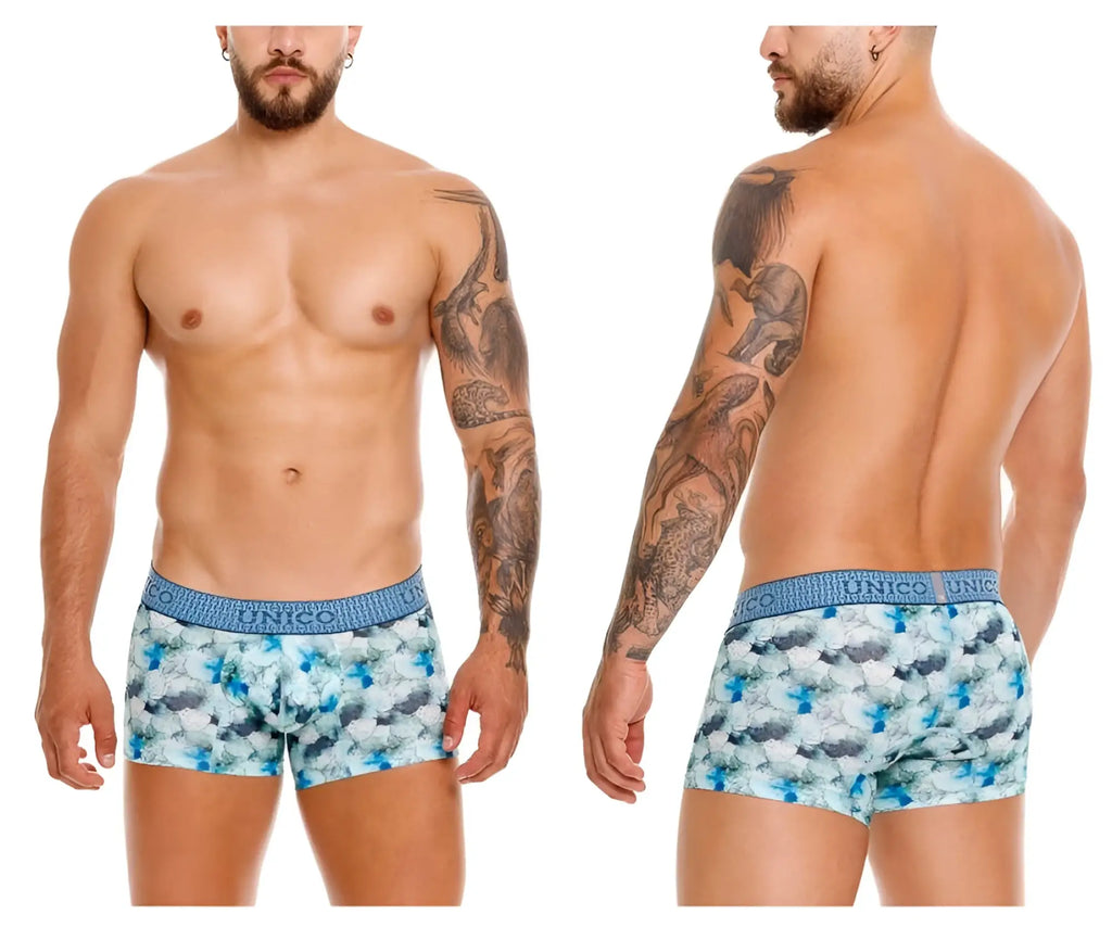 Unico 25020100104 Abalon blue and white floral patterned men’s briefs with textured elastic waistband