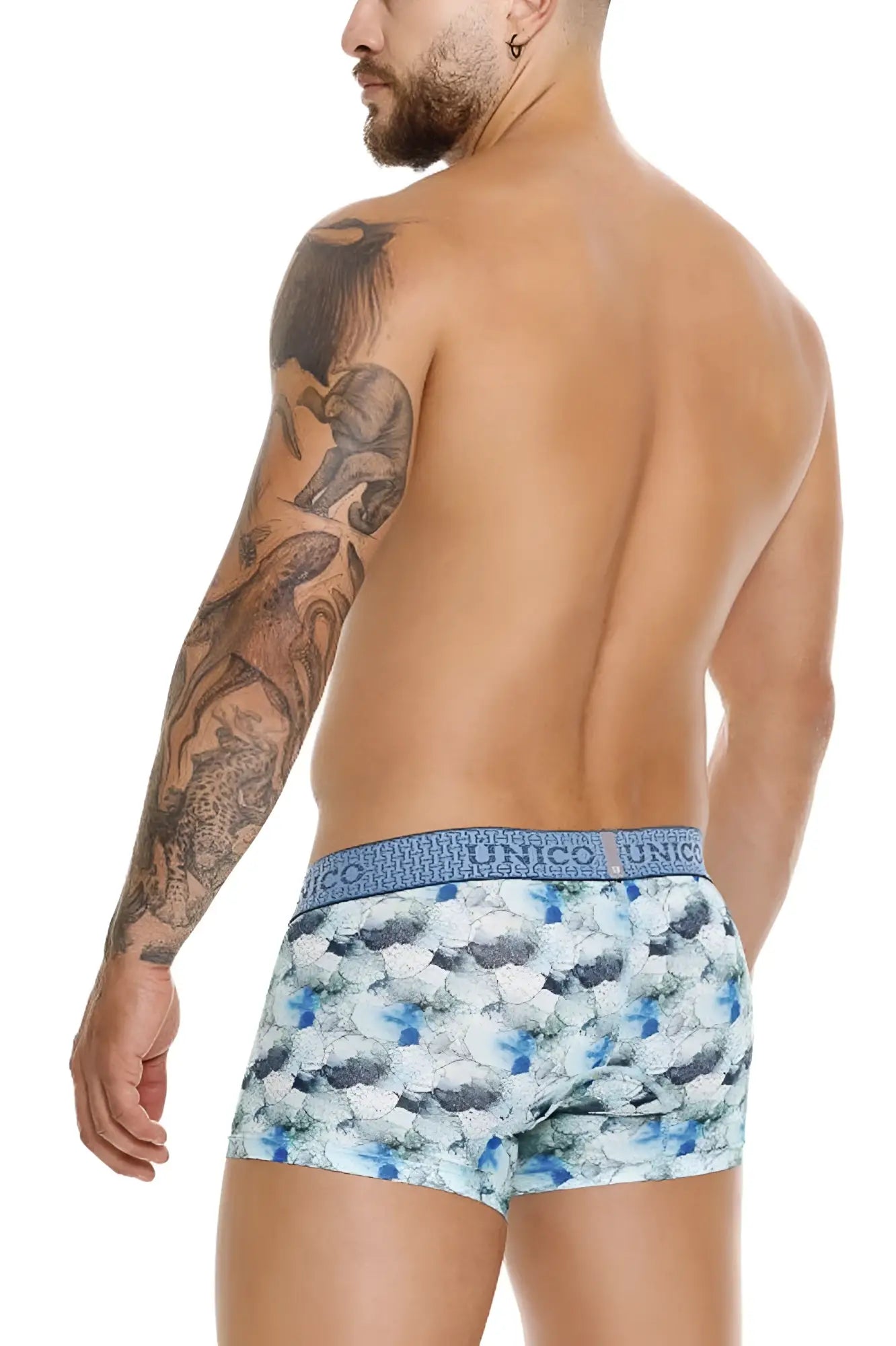 Blue and white unico 25020100104 abalon trunks boxer briefs with repeating fish pattern in blue color
