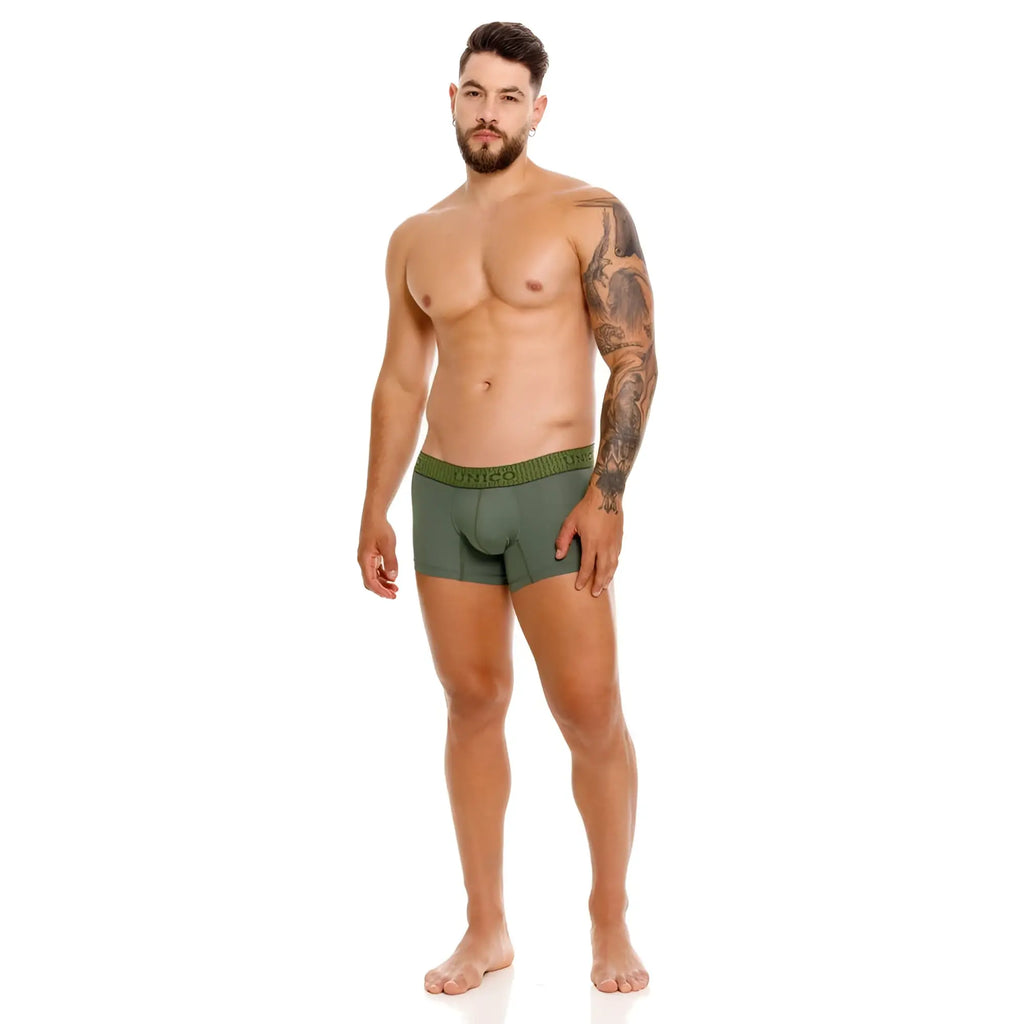Men’s olive green Unico Glauco trunks boxer briefs with branded waistband designed for comfort and support