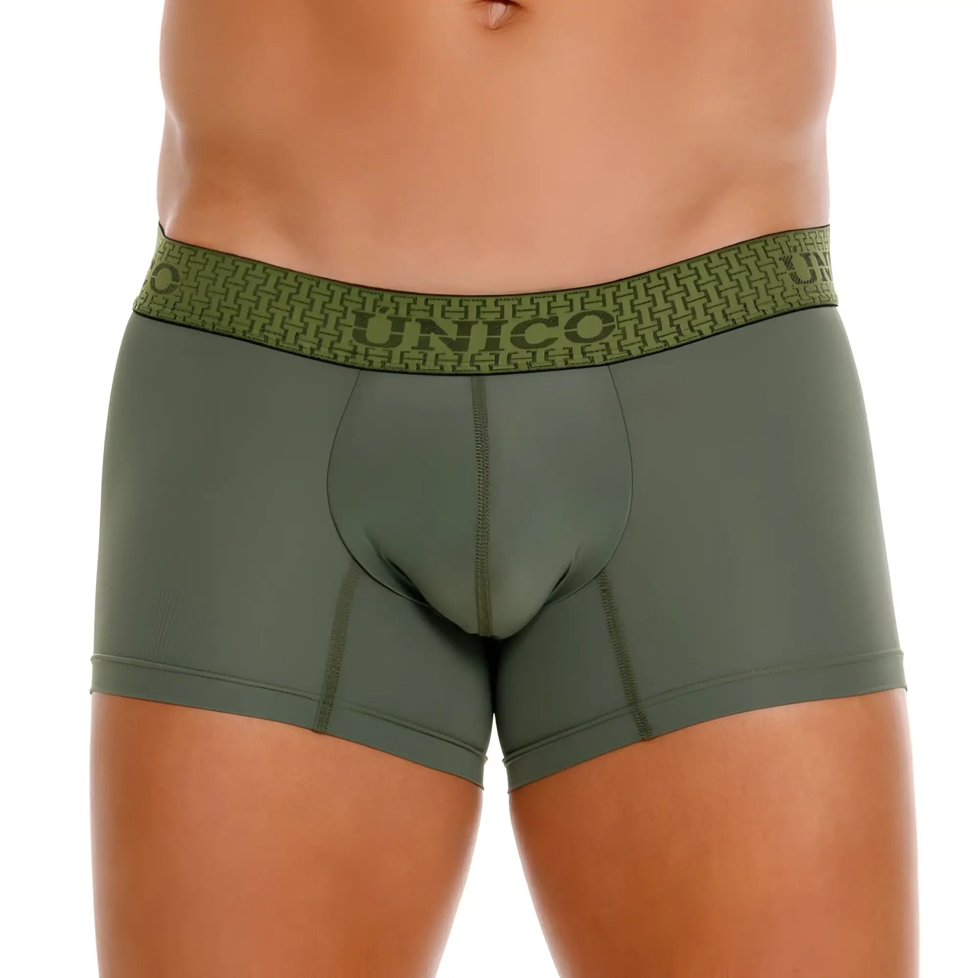 Olive green unico 25020100105 glauco men’s boxer briefs with patterned waistband featuring brand name and geometric design