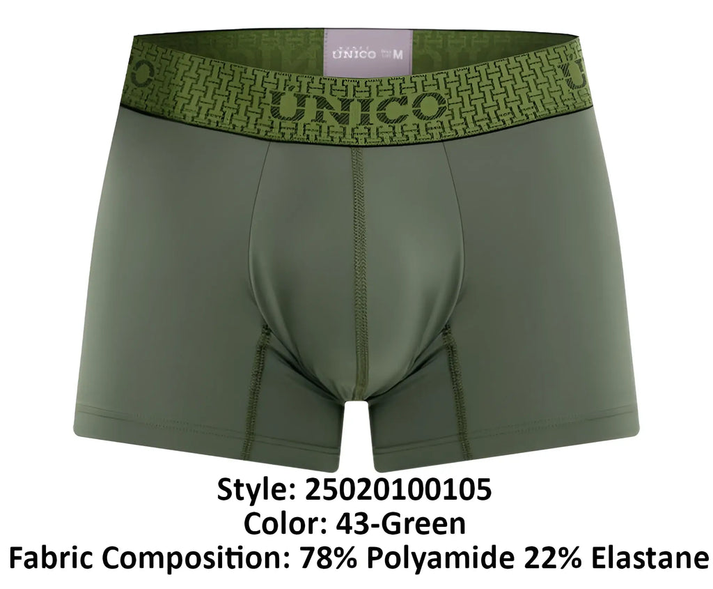 Olive green unico 25020100105 glauco men’s boxer briefs with patterned waistband featuring brand name and logo