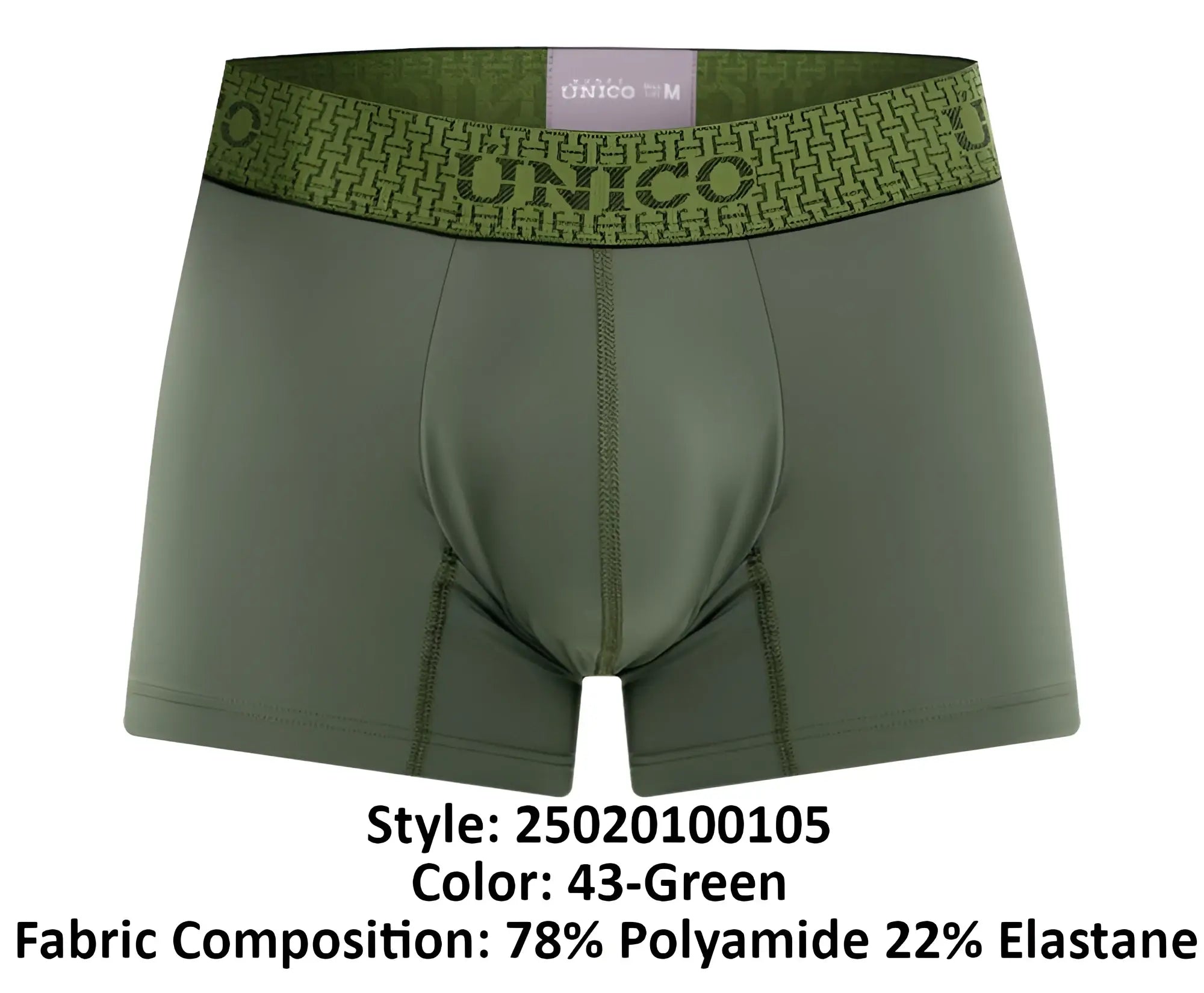 Olive green unico 25020100105 glauco men’s boxer briefs with patterned waistband featuring brand name and logo