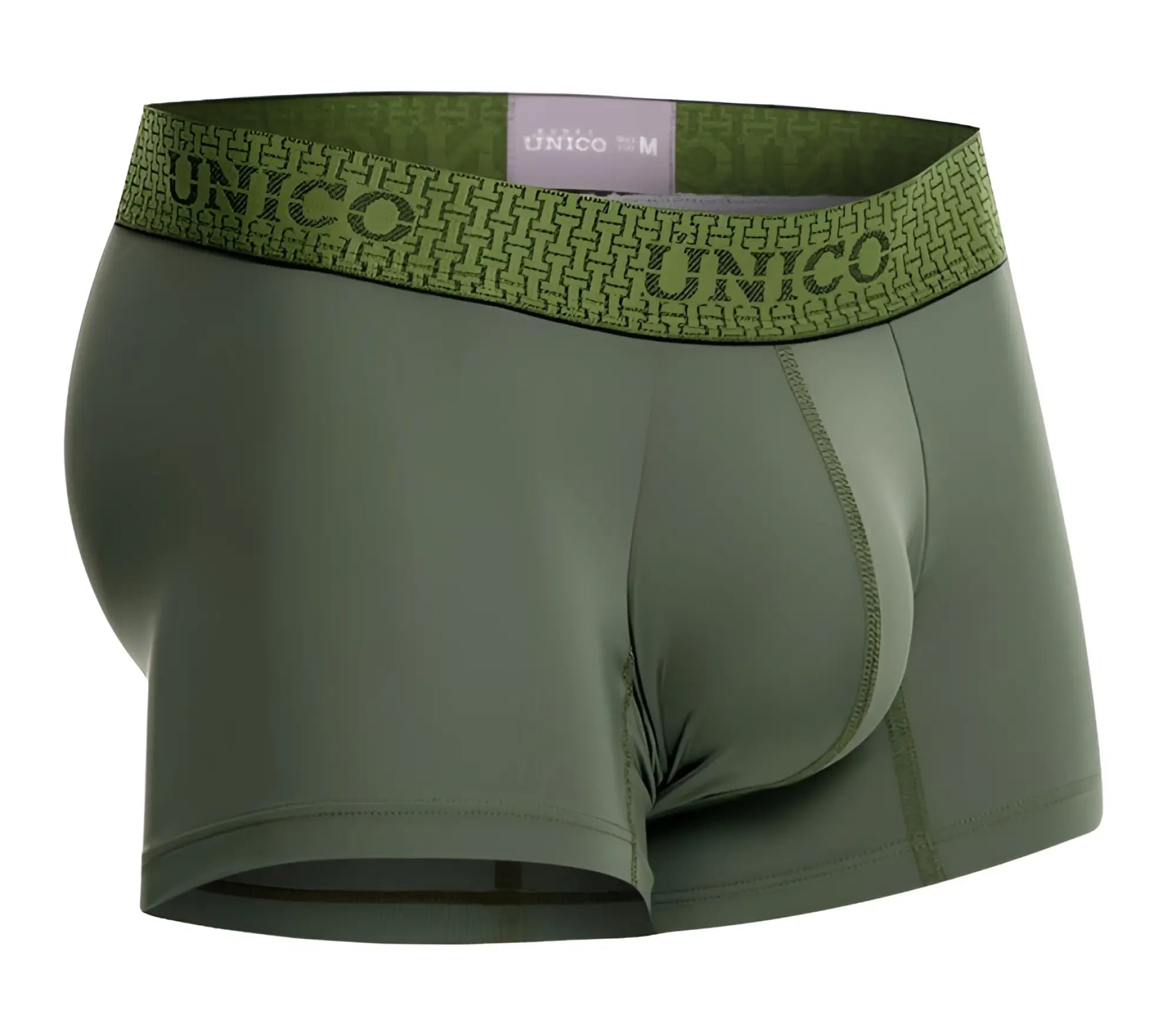 Olive green unico men’s boxer briefs with patterned waistband featuring brand name and geometric design