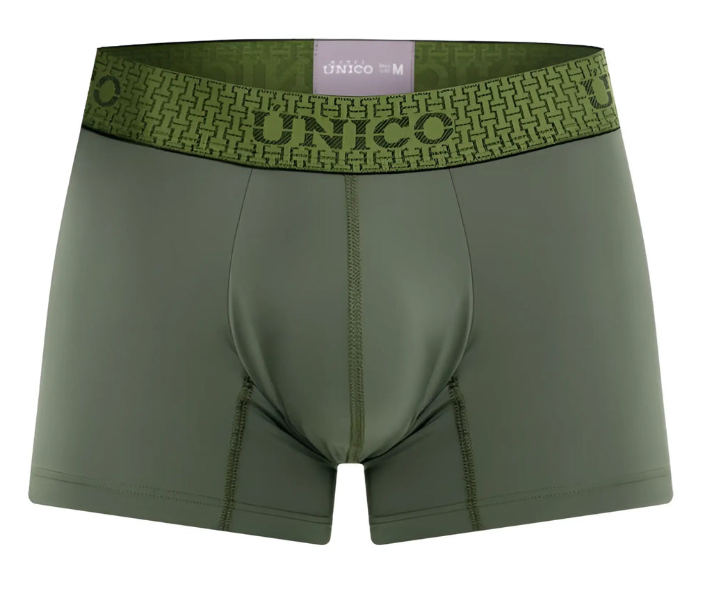 Olive green unico 25020100105 glauco trunks boxer briefs with patterned waistband showing brand name and size label