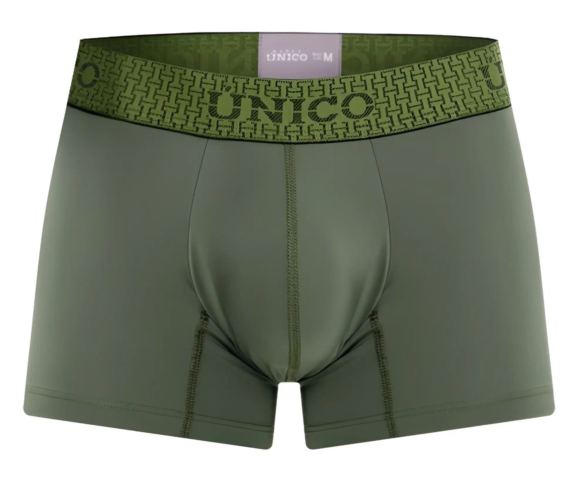 Olive green unico 25020100105 glauco trunks boxer briefs with patterned waistband showing brand name and size label