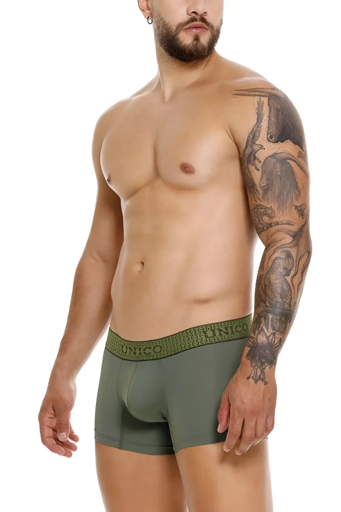 Olive green unico men’s briefs with textured waistband featuring repeating brand name in unico 25020100105 glauco trunks color 43 green