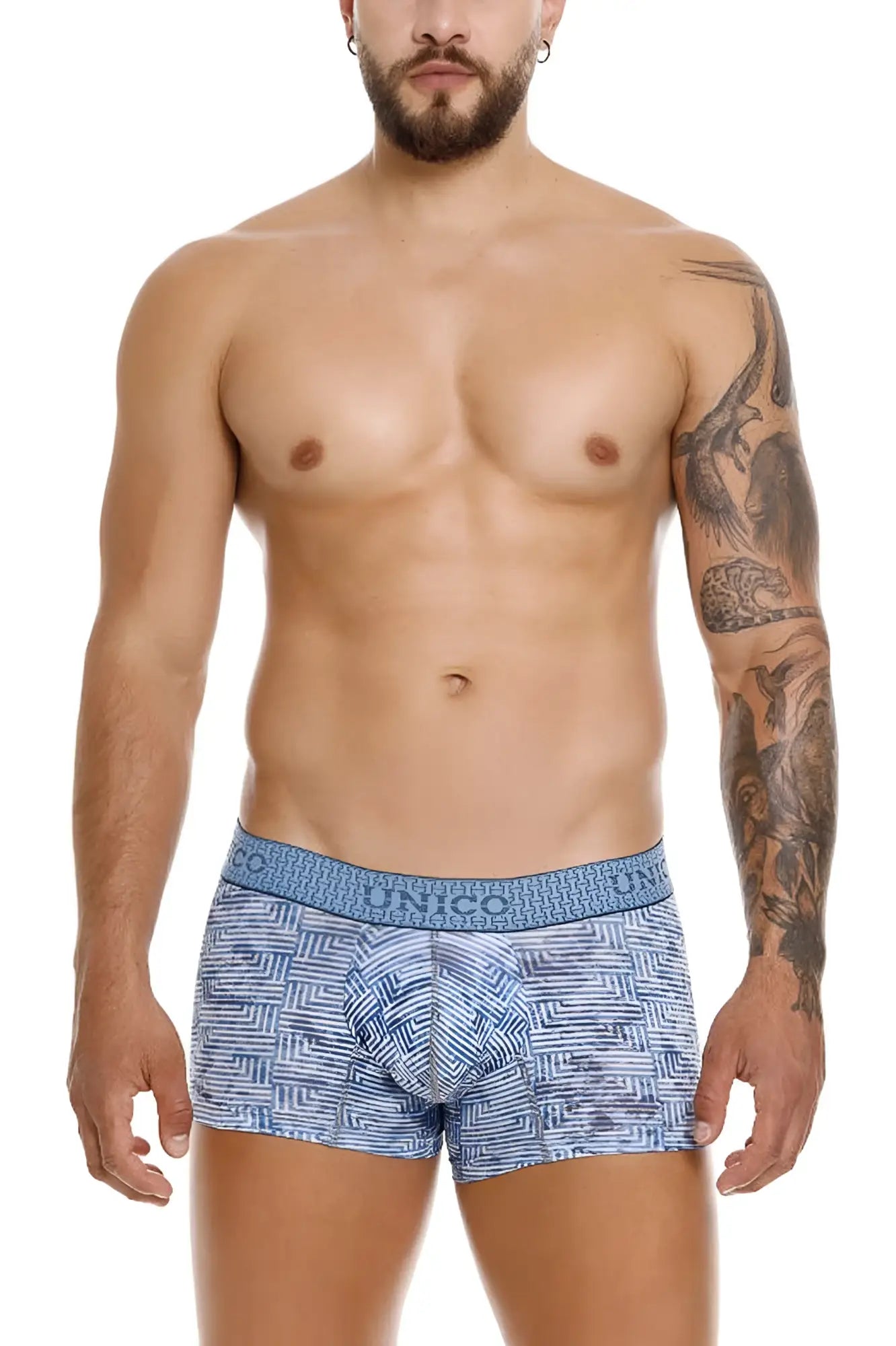 Unico ostion trunks blue patterned boxer briefs with geometric design and branded waistband front view