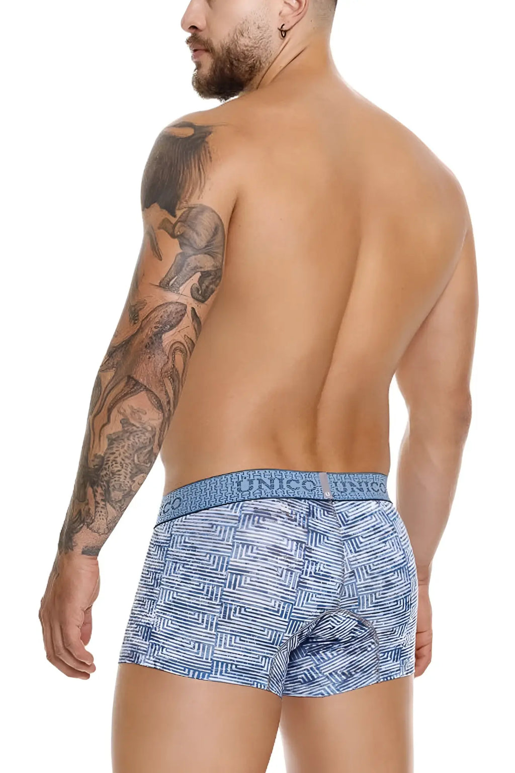 Unico 25020100111 Ostion trunks blue boxer briefs with textured geometric pattern and branded elastic waistband