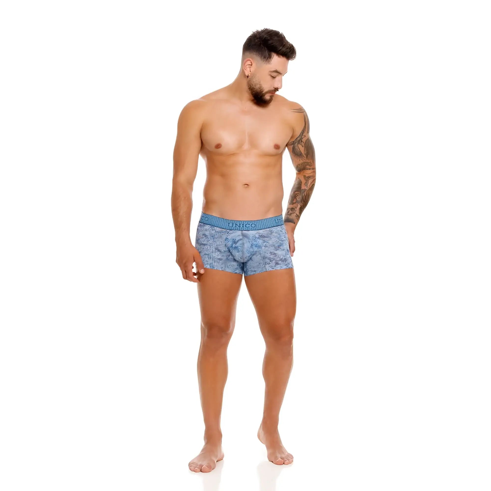 Blue patterned unico ostion trunks men’s boxer briefs with solid blue waistband featuring brand name
