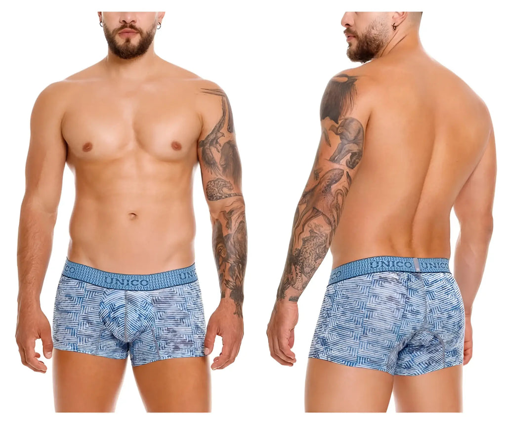 Unico 25020100111 ostion blue men’s boxer briefs with blue patterned fabric and textured unico waistband